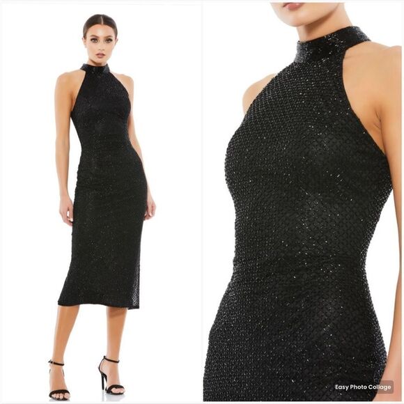 Mac Duggal 5531 HIGH NECK HALTER SLEEVELESS MIDI DRESS Black 2 - Picture 1 of 15